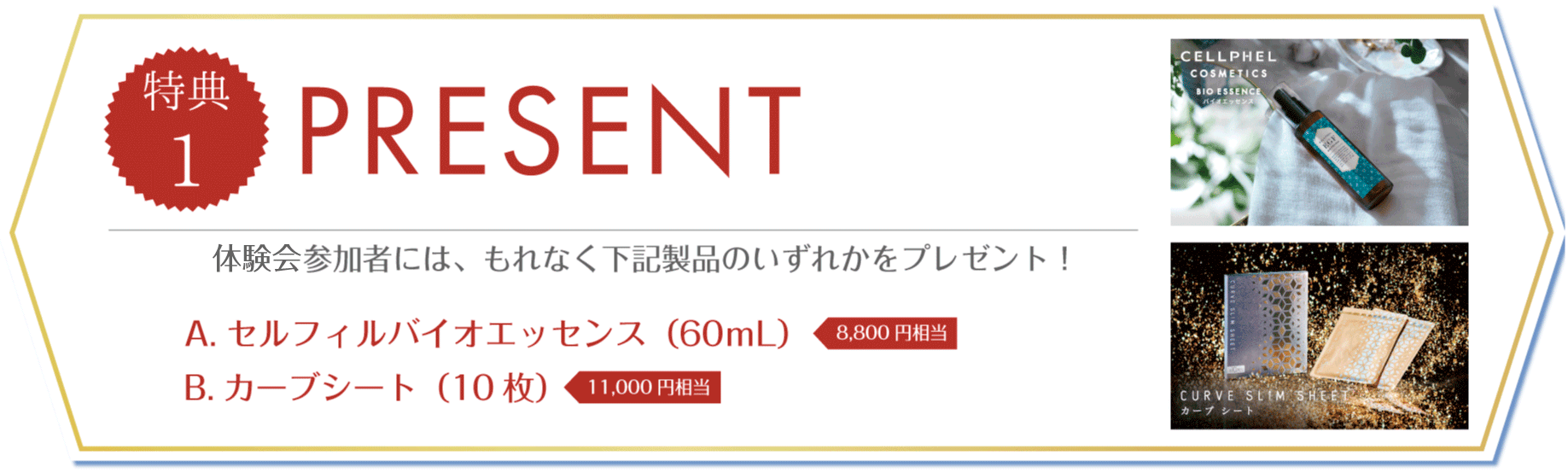 特典1 PRESENT／体験会参加者には、セルフィルバイオエッセンス（60ｍL）、またはカーブシート（10枚）をプレゼント！